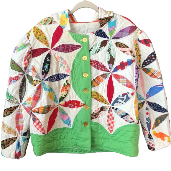 Vintage Jackets & Blazers - Vintage handmade patchwork quilt coat with hood and pockets size medium/large